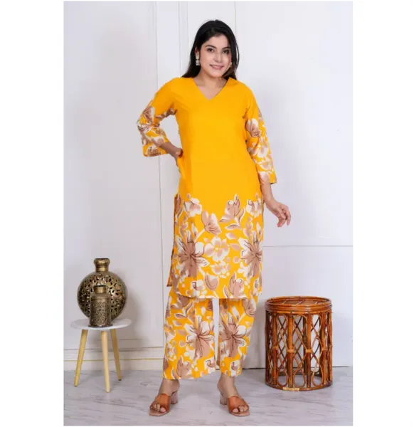 Bisesh Creation Yellow V-Neck Floral Printed Straight Kurta Pant Set For Women